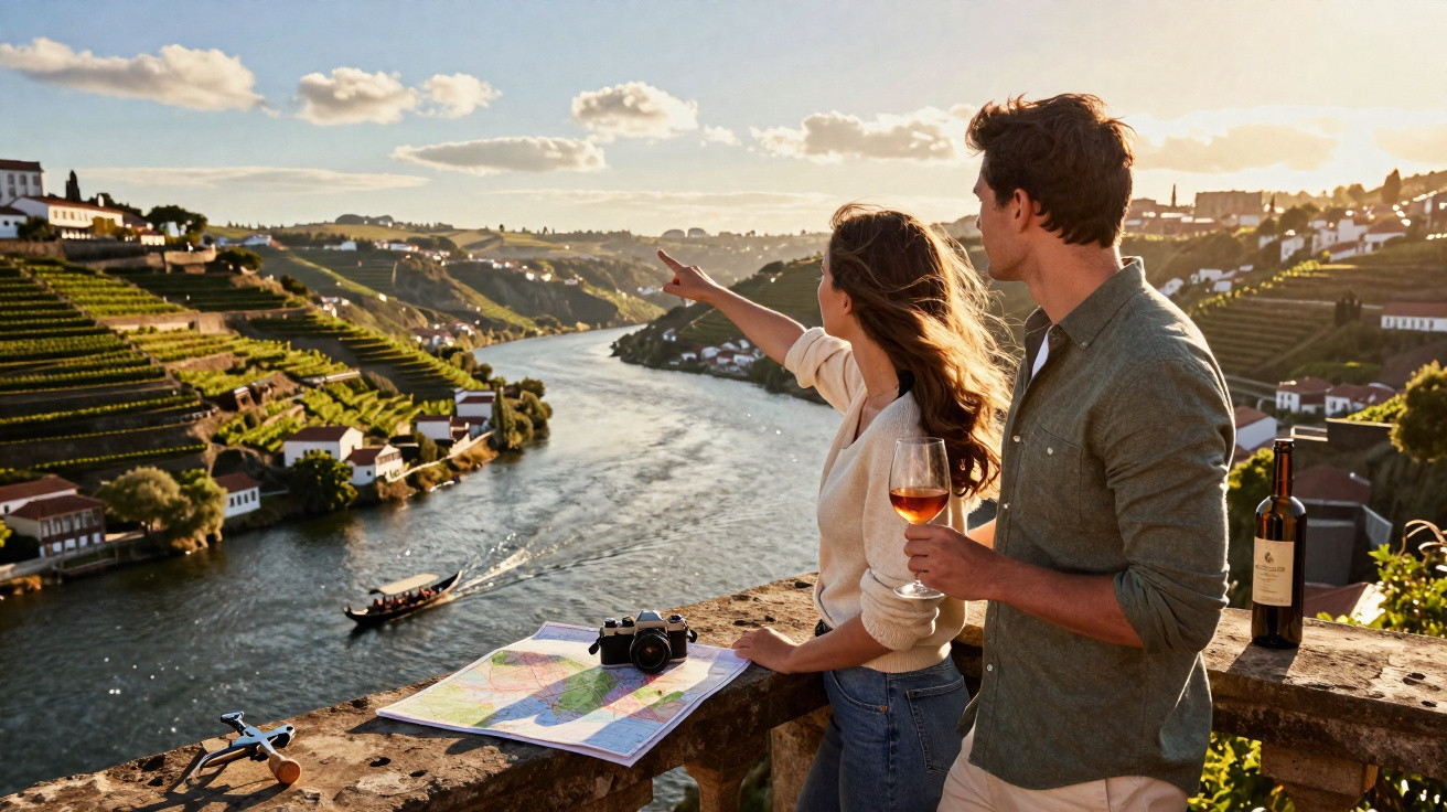 Casal apreciando a vista do rio e vinhedos ao pôr do sol com mapa e taça de vinho na mão.