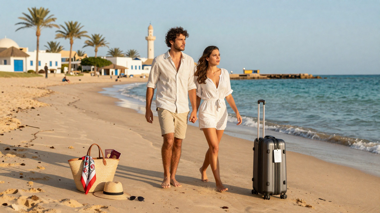 Casal caminhando de mãos dadas na praia com malas, chapéu e bolsa na areia ao entardecer.