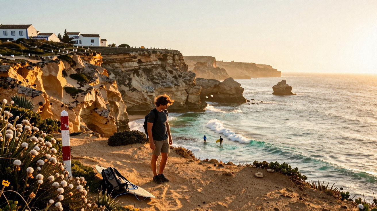 Homem observa o mar do alto de falésias ao pôr do sol, com surfistas na água ao fundo.