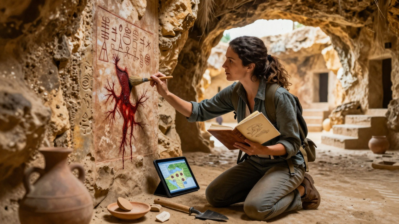 Mulher arqueóloga desenha no muro de caverna antiga com símbolos e um coração vermelho, usando livro e tablet.