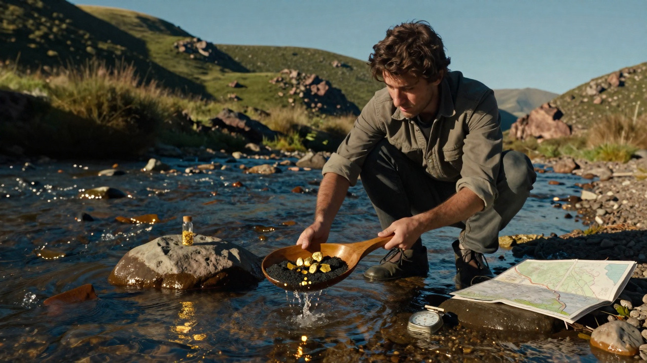Homem peneirando ouro no riacho com mapa e bússola ao lado em paisagem montanhosa.