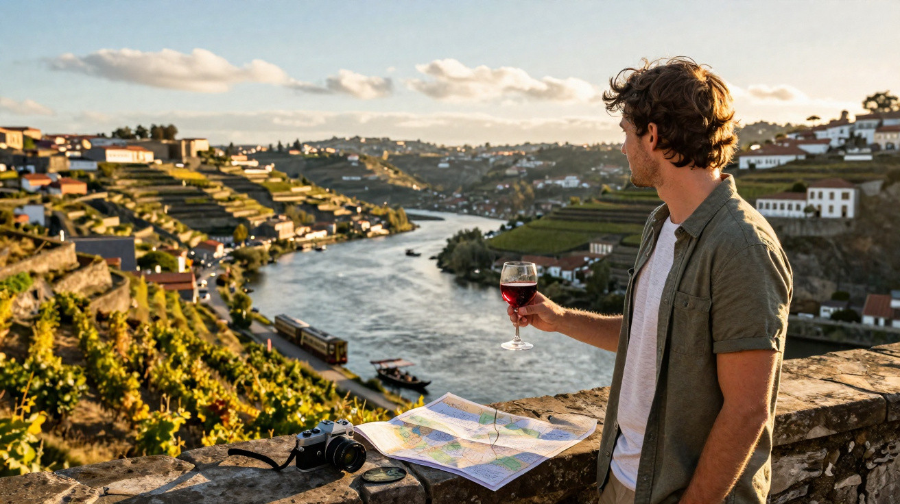 Homem segurando taça de vinho tinto e olhando para rio entre colinas com vinhedos ao entardecer.