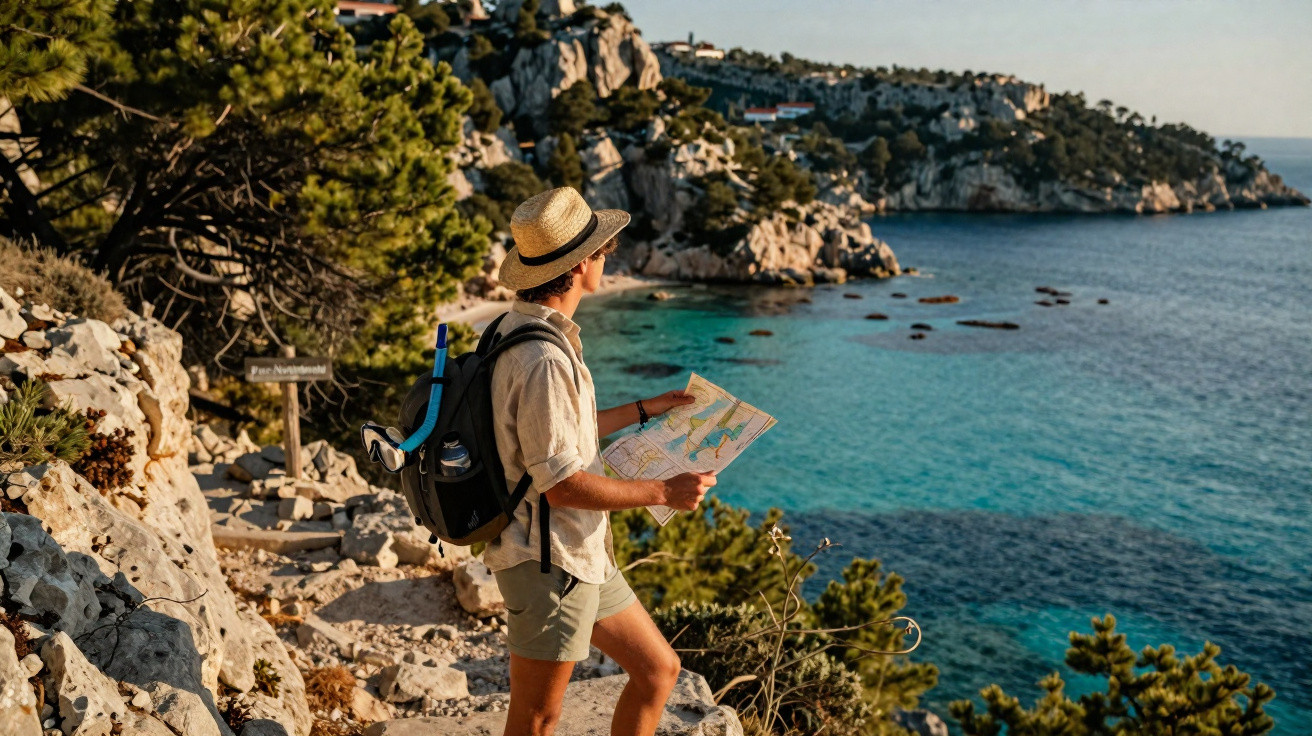 Viajante com chapéu e mochila olhando mapa em trilha rochosa perto do mar azul e penhascos ao fundo.