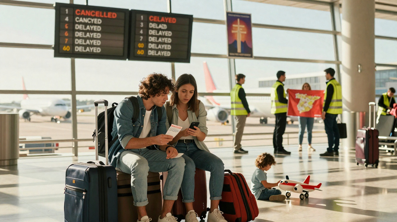 Casal jovem sentado com malas em aeroporto, conferindo celular e passagens, criança brinca com avião de brinquedo.