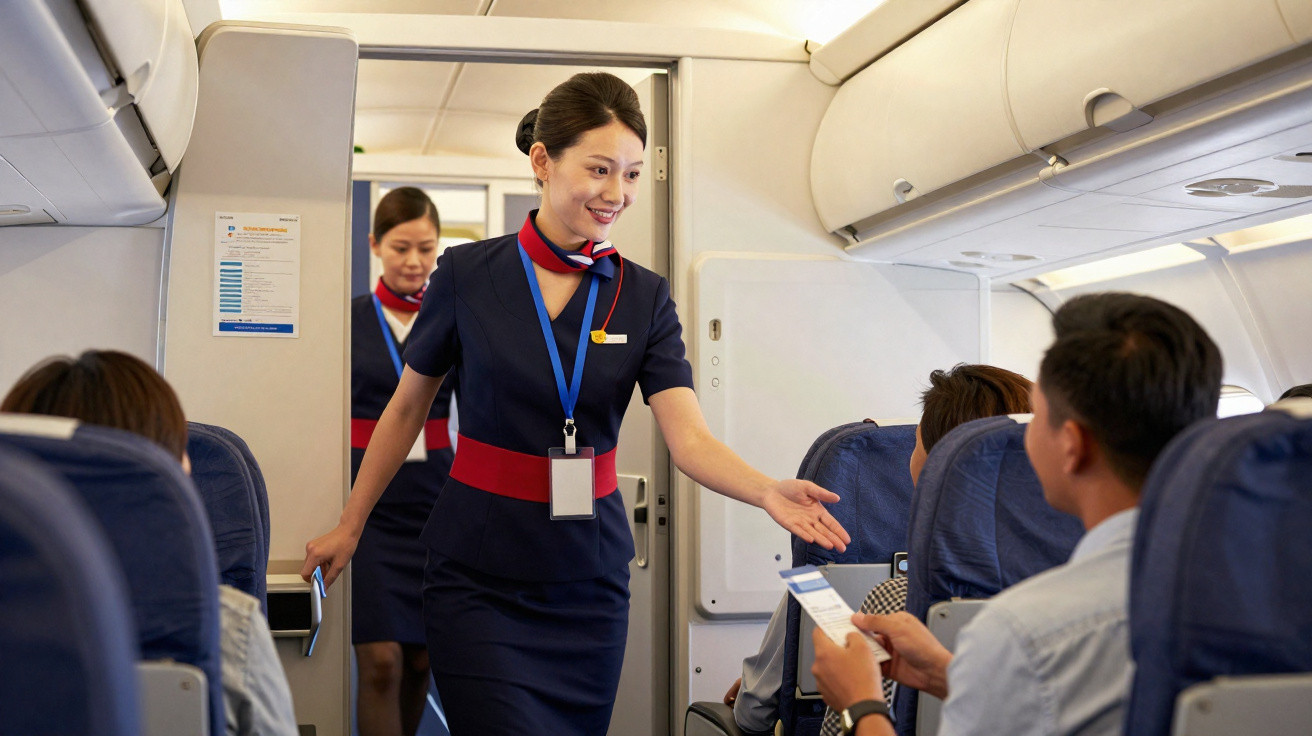 Comissária de bordo sorridente entregando ticket a passageiro em avião durante voo.