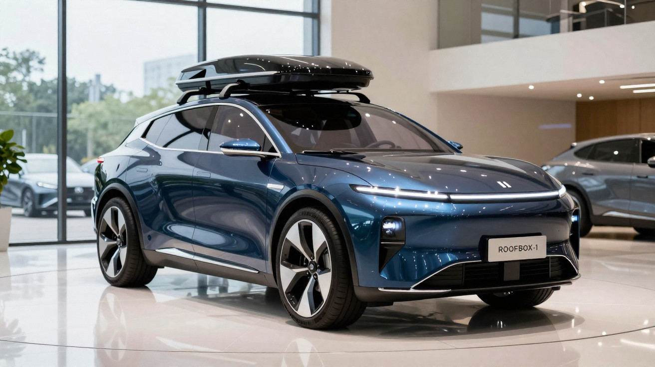 Carro elétrico azul moderno com bagageiro no teto exibido em showroom iluminado.