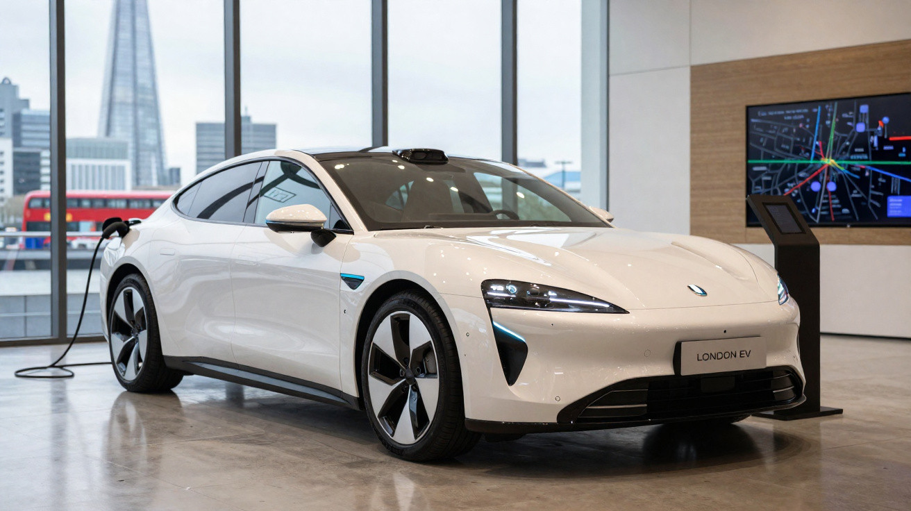 Carro elétrico branco modelo London EV em showroom, conectado a carregador, painel digital ao fundo, janela com vista urbana.