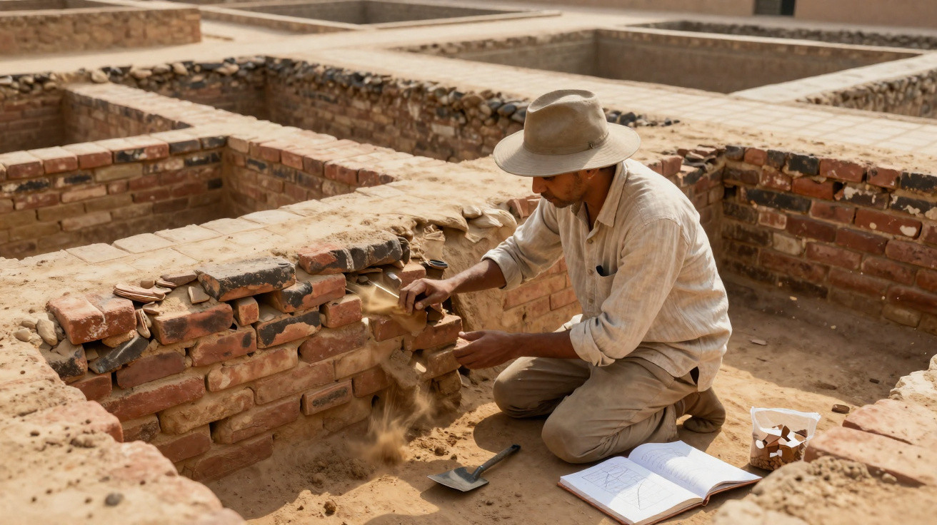 Homem em arqueologia escava e examina artefatos em ruínas de paredes de tijolos antigos.