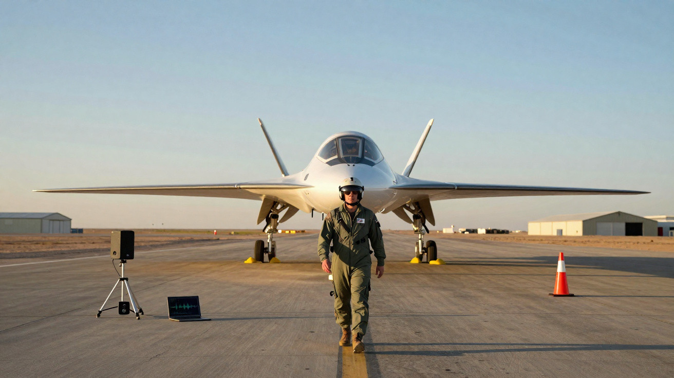Piloto caminhando em frente a aeronave militar futurista em pista de aeroporto ao entardecer.
