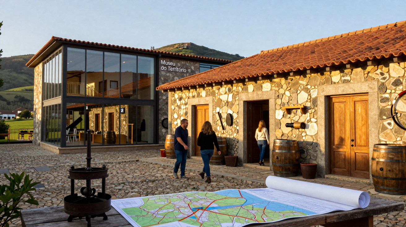 Museu do Território com fachada de pedra e vidro, pessoas caminhando e mapa em mesa ao ar livre.