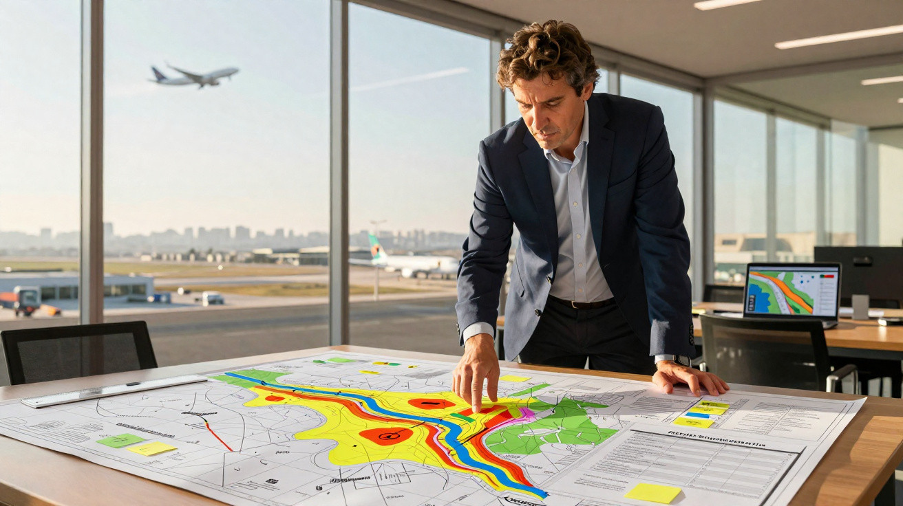 Homem de terno revisa mapa colorido em sala ampla com vista para aeroporto e avião decolando.