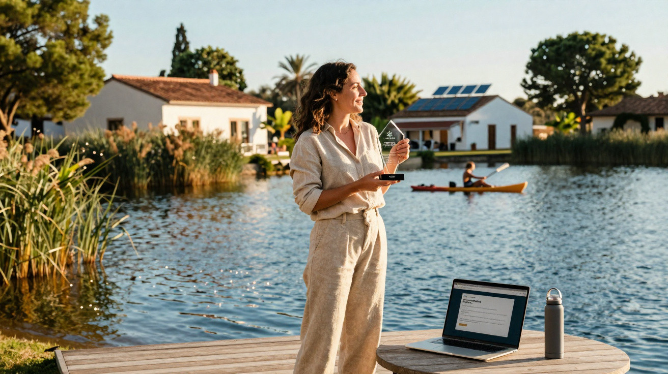 Mulher sorrindo com troféu em píer, com laptop e garrafa ao lado, lago e casas ao fundo.