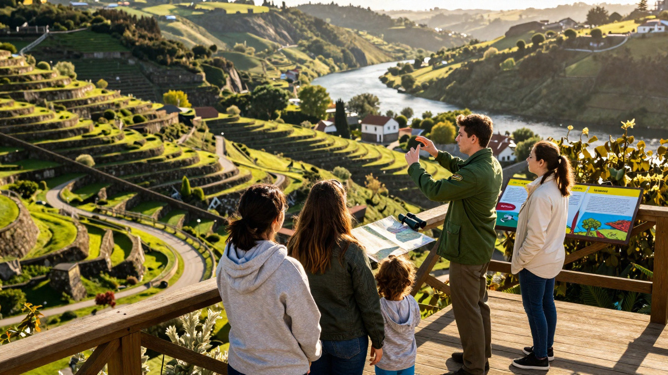 Grupo de pessoas observando e fotografando vinhedos em terraços com rio ao fundo.