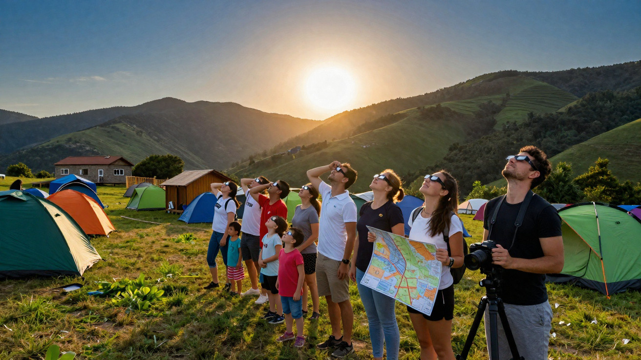 Grupo de pessoas em acampamento assistindo ao eclipse solar com óculos especiais em área de montanhas.