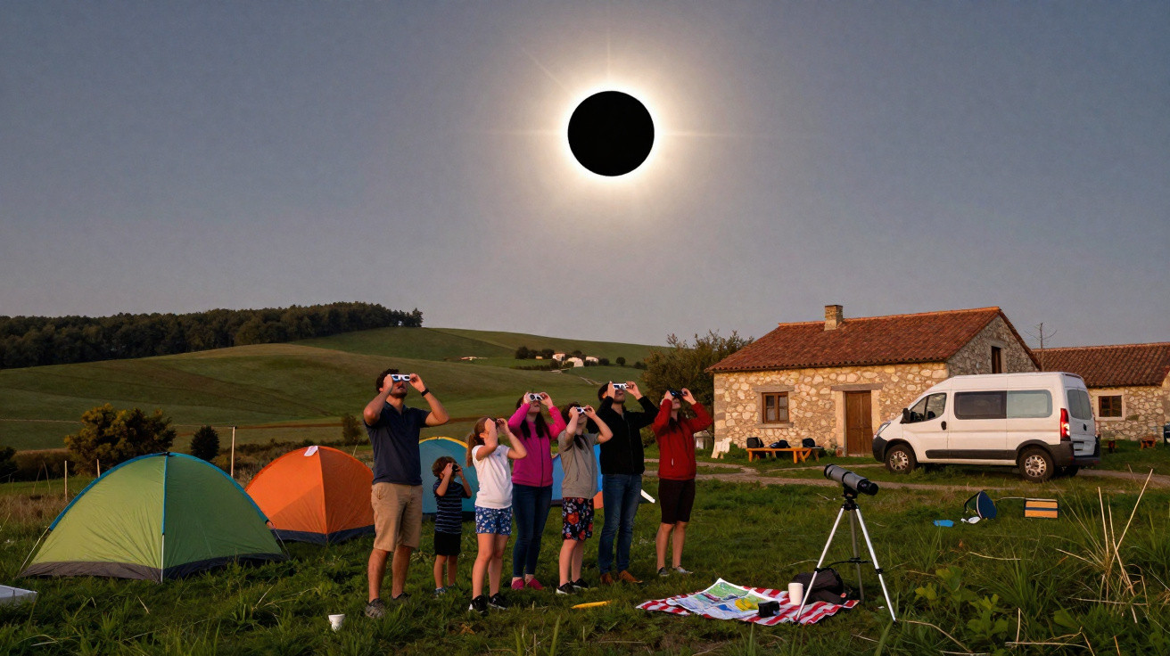 Pessoas acampando em área rural observando eclipse solar total com óculos especiais ao entardecer.