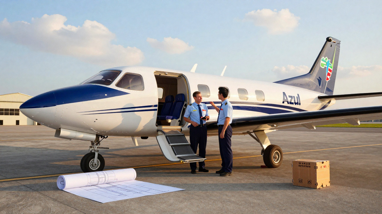 Avião privado da Azul no pátio com dois pilotos conversando e plano de voo no chão.