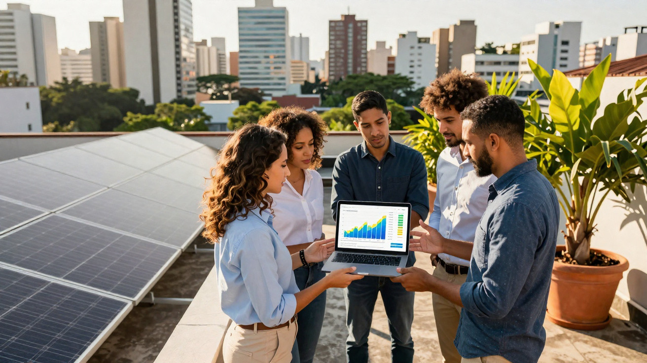 Grupo de cinco pessoas olhando para gráfico de crescimento em laptop ao lado de painéis solares em área externa.