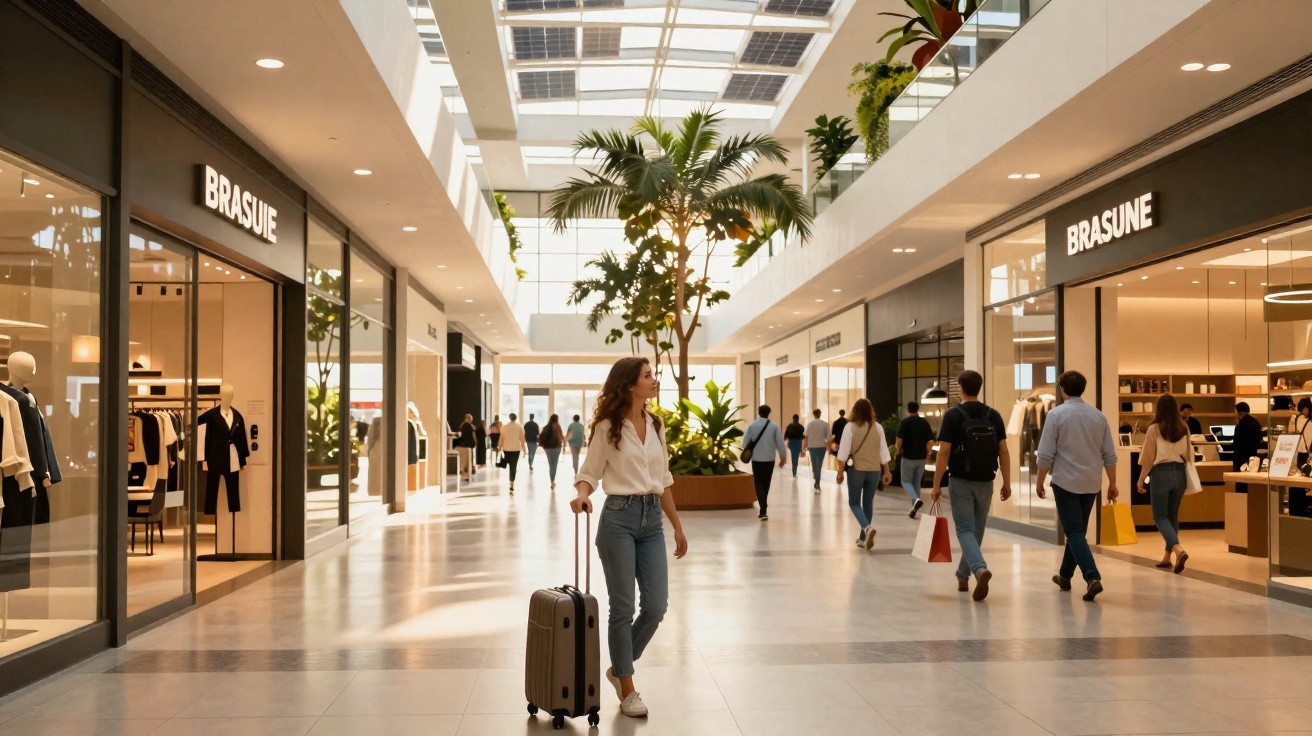 Mulher com mala caminhando em shopping moderno com vitrines e plantas ao centro.