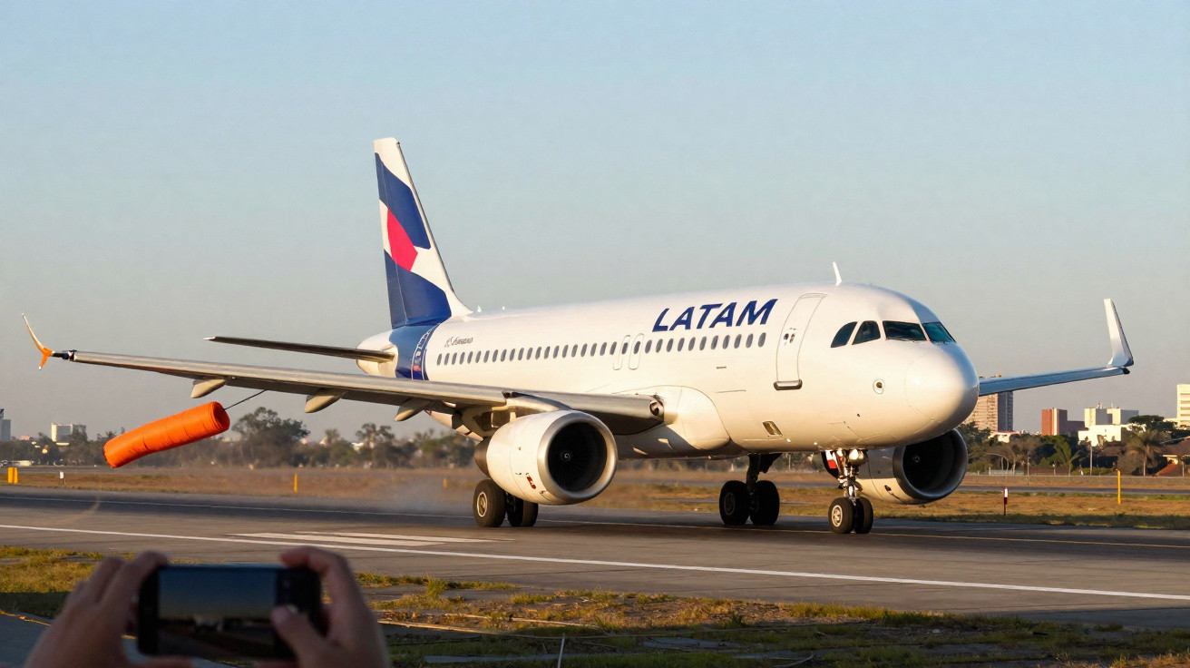 Avião LATAM pousando em pista de aeroporto com pessoa fotografando ao fundo.