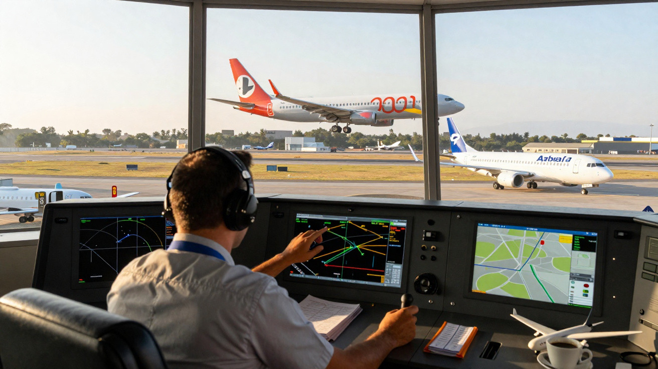 Controlador de tráfego aéreo monitora voo de avião em torre com painel eletrônico e pista ao fundo.