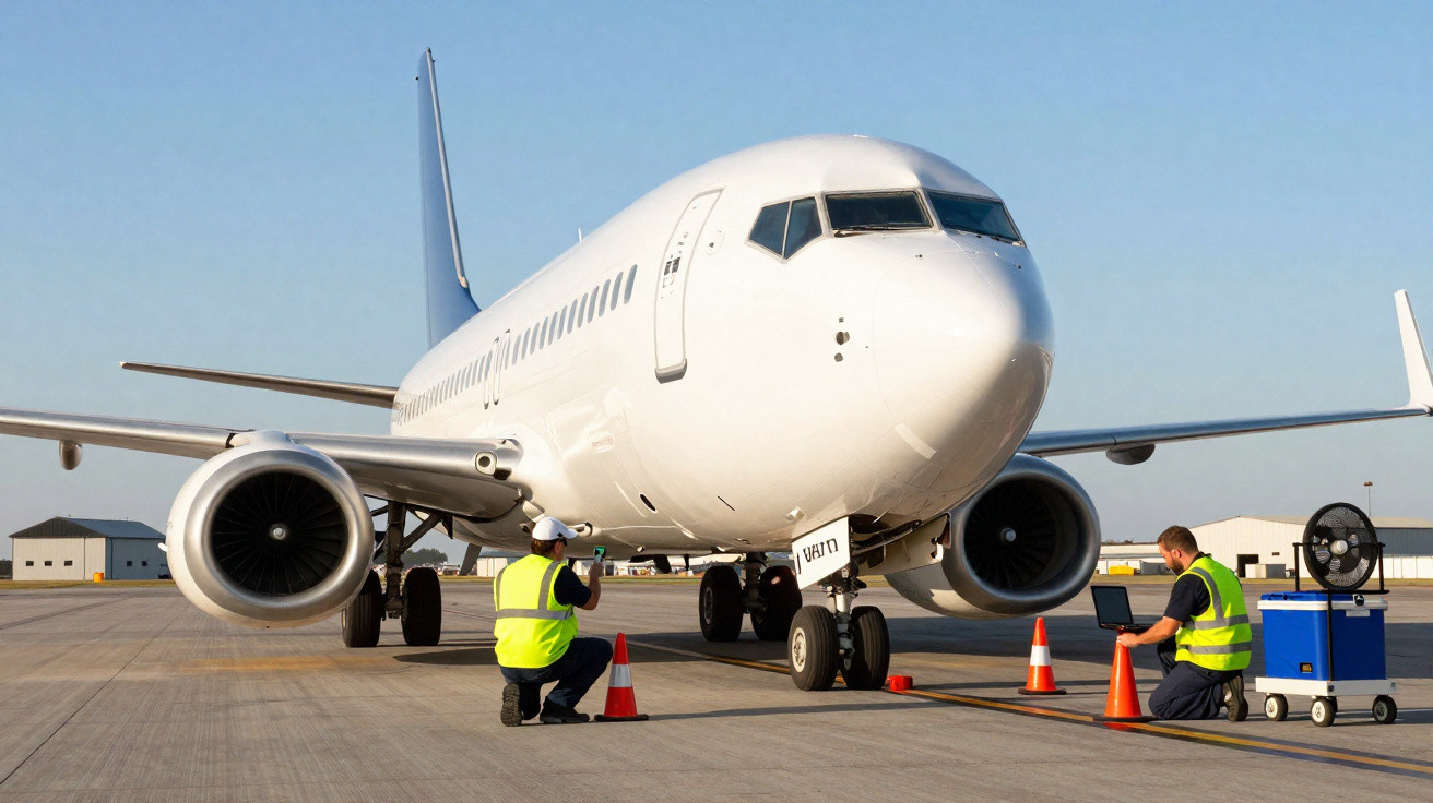 Técnicos em colete de segurança inspecionam avião branco estacionado no pátio do aeroporto.