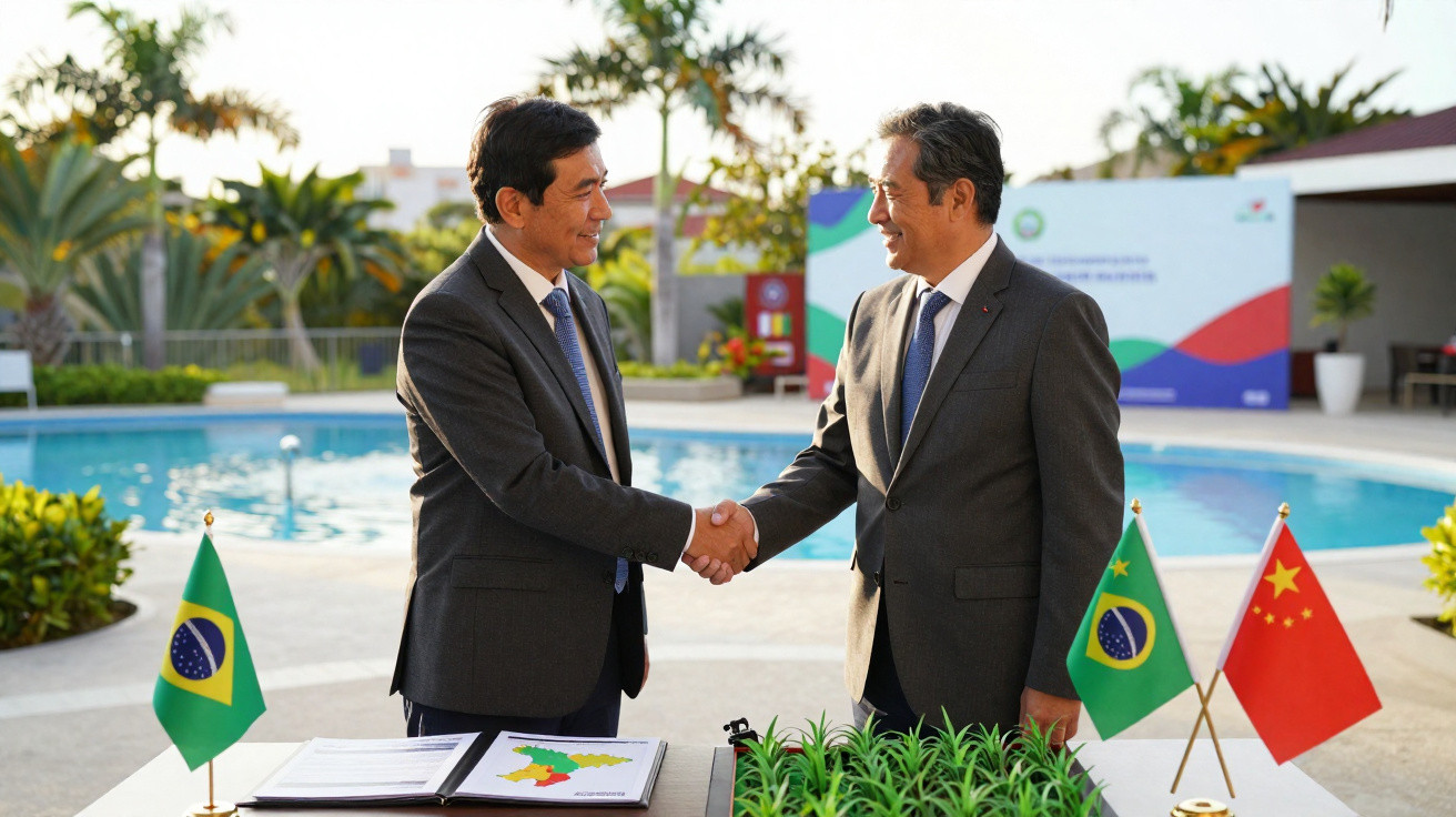 Dois homens de terno apertando as mãos ao lado de bandeiras do Brasil e China, em área externa com piscina.