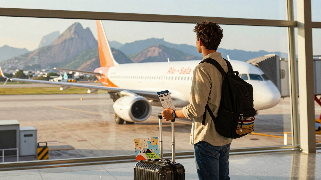 Homem com mochilas e mala puxada observa avião estacionado no aeroporto ao entardecer.