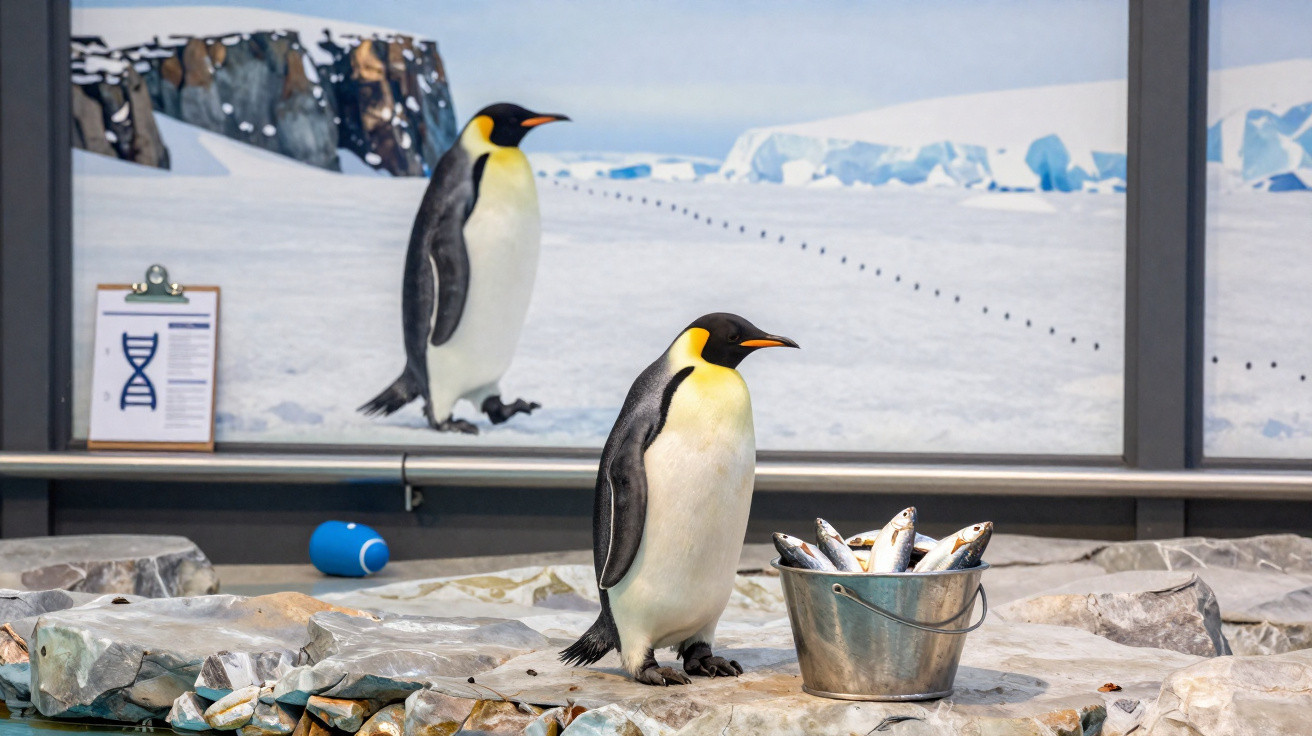 Pinguim em exposição com balde de peixes e pintura de pinguins e gelo ao fundo.