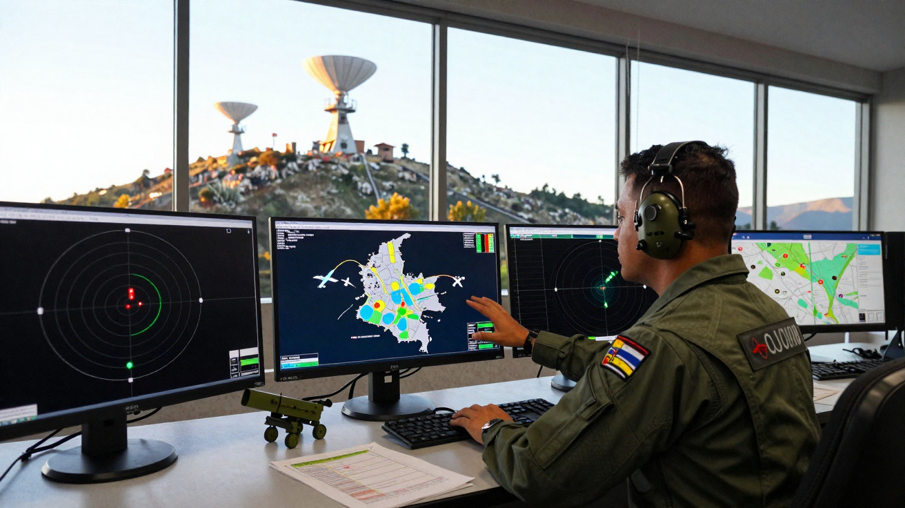 Homem em uniforme militar monitora radares e mapas digitais em centro de controle com antenas parabólicas ao fundo.