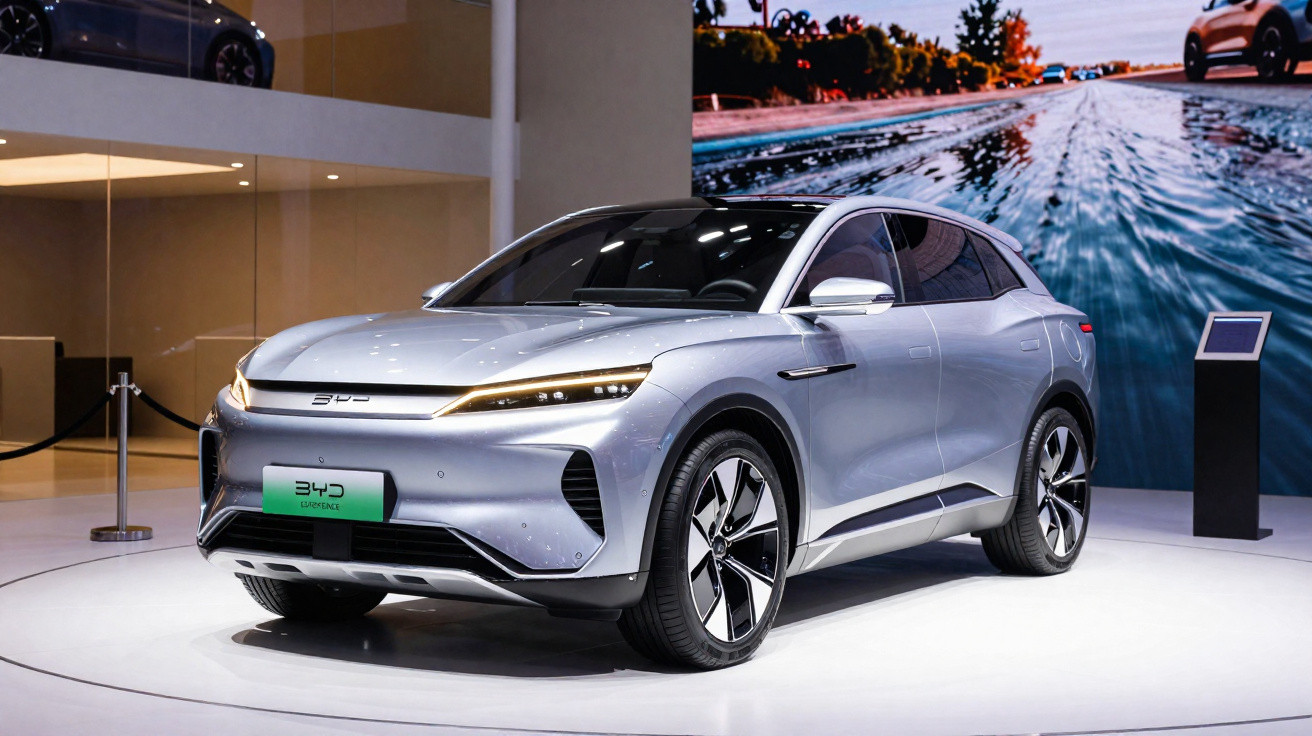 Carro elétrico prata da BYD exibido em estande moderno com grande tela ao fundo.