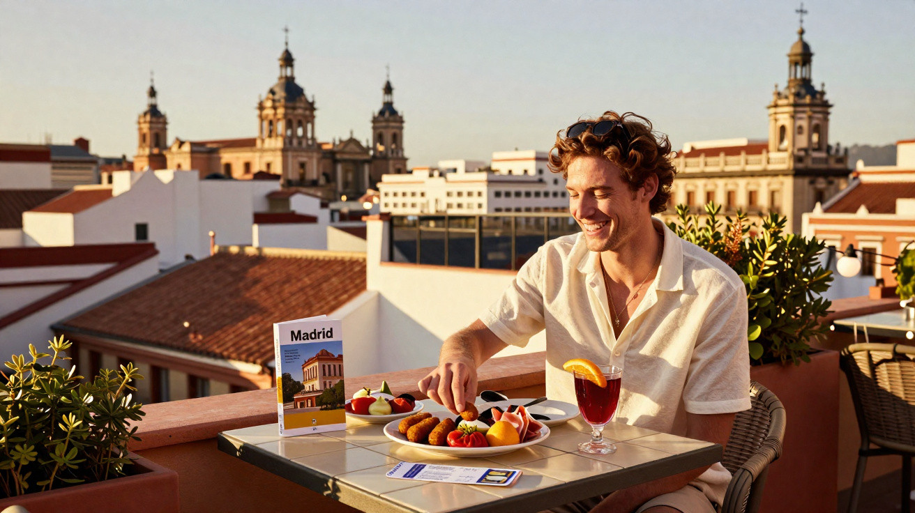 Homem jovem sentado em terraço em Madrid com comida e bebida, prédios históricos ao fundo ao entardecer.