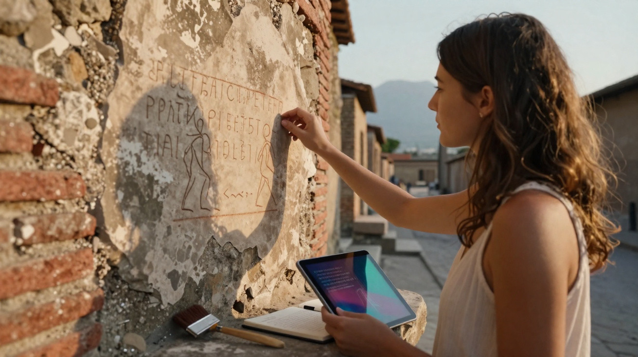 Mulher analisa inscrição antiga em parede de pedra segurando tablet em área arqueológica ao ar livre.