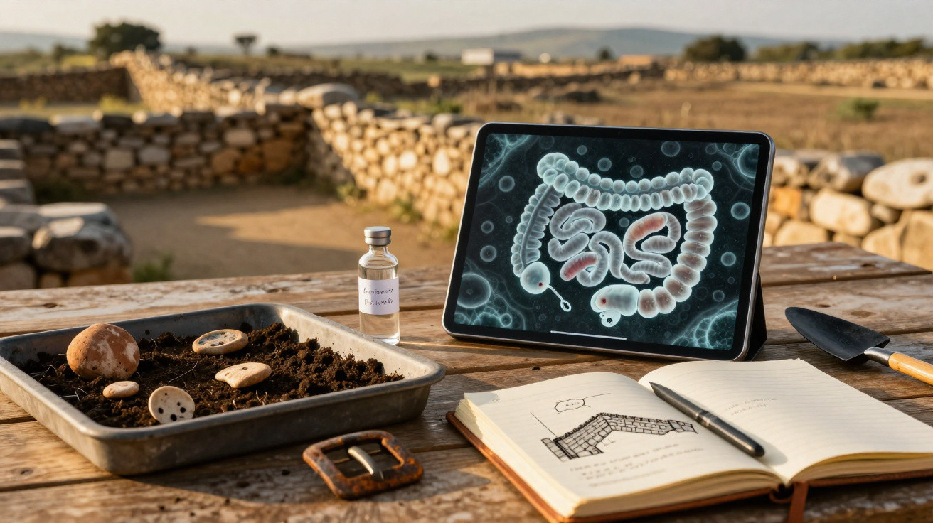 Mesa de madeira com terra, fungos, frasco, caderno aberto e tablet mostrando imagem do intestino humano.