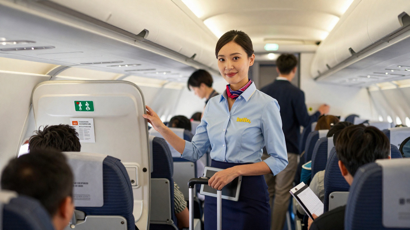 Comissária de bordo sorridente vestindo uniforme azul dentro de avião com passageiros sentados.
