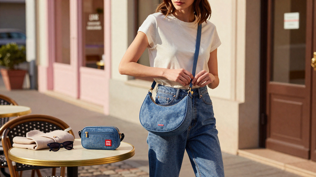 Mulher vestindo camiseta branca e jeans, segurando bolsa azul com outra bolsa azul sobre mesa na rua.