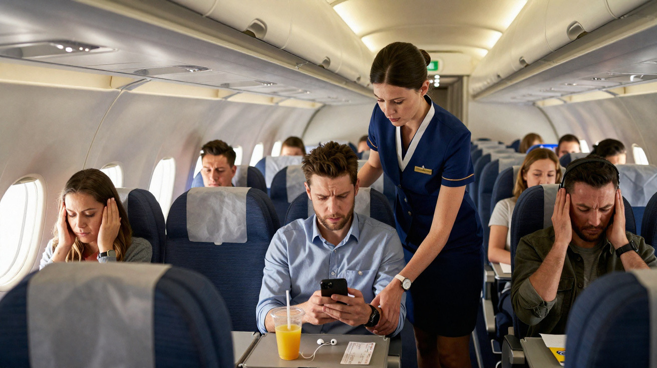 Comissária atendendo passageiro preocupado enquanto outros com dor de cabeça estão em poltronas de avião.