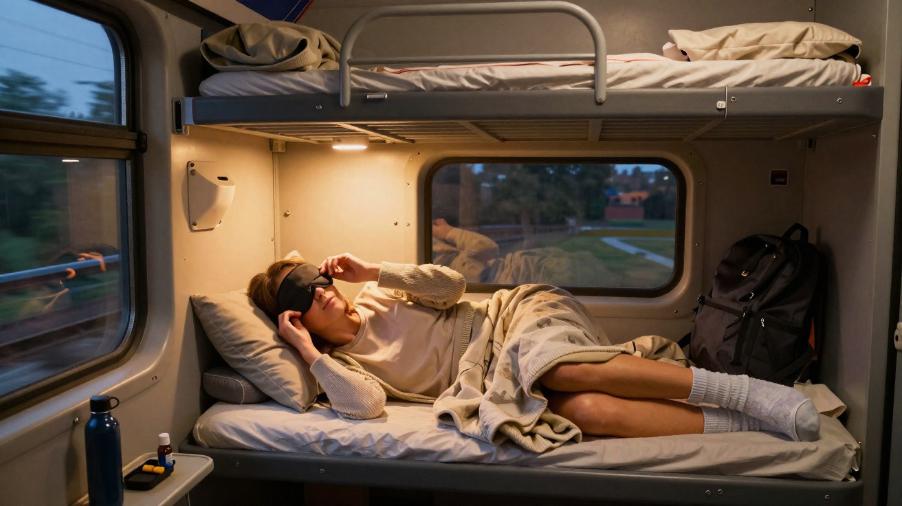 Pessoa deitada em cama inferior em cabine de trem, usando máscara de dormir e coberta, com bolsa ao lado.