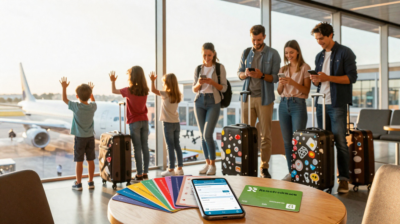 Família em aeroporto com malas, crianças olhando avião e adultos usando celulares próximo a uma mesa com cartões e celular.