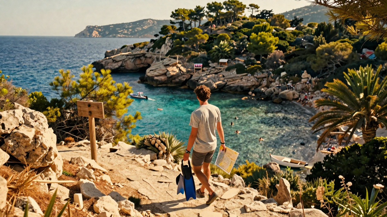 Homem com snorkel e mapa caminhando em trilha rochosa com vista para enseada de mar azul e árvores.