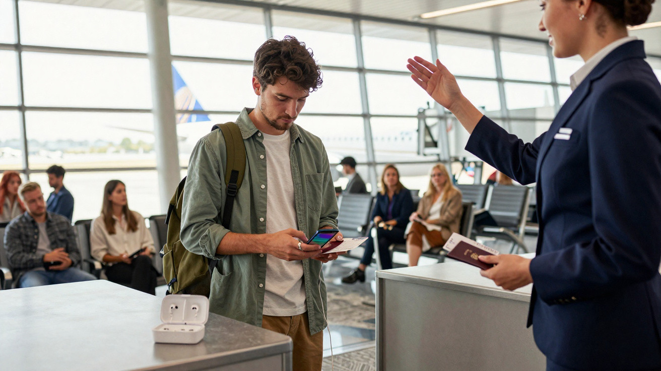 Homem com mochila usando telefone em fila de embarque no aeroporto, atendida por funcionária da companhia aérea.