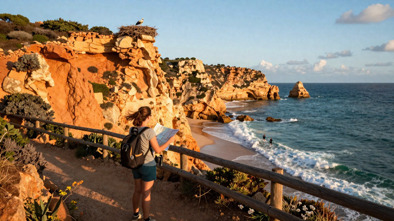Mulher com mochila lê mapa em trilha costeira rochosa ao entardecer, com mar e aves ao fundo.