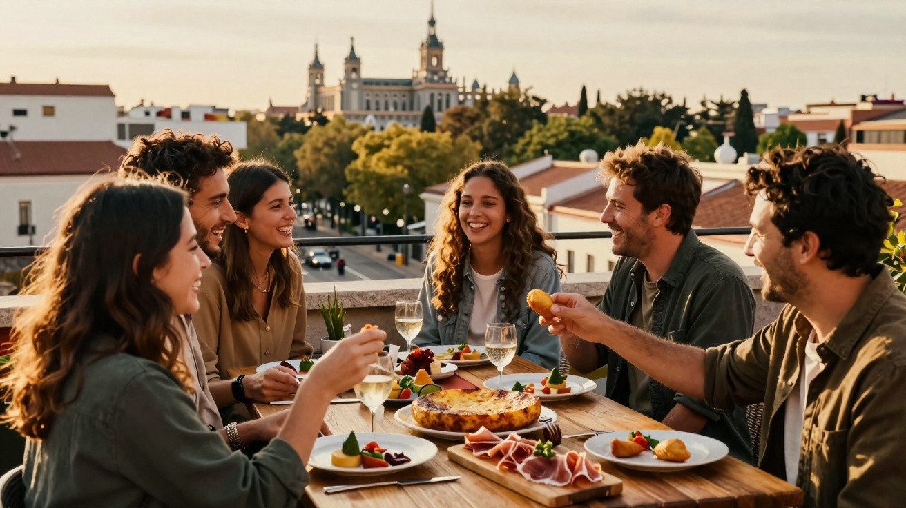Grupo de amigos sorrindo e jantando em mesa ao ar livre com vista urbana ao entardecer.