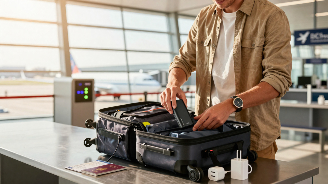 Homem arrumando mala de viagem no aeroporto, preparando equipamentos eletrônicos e documentos.