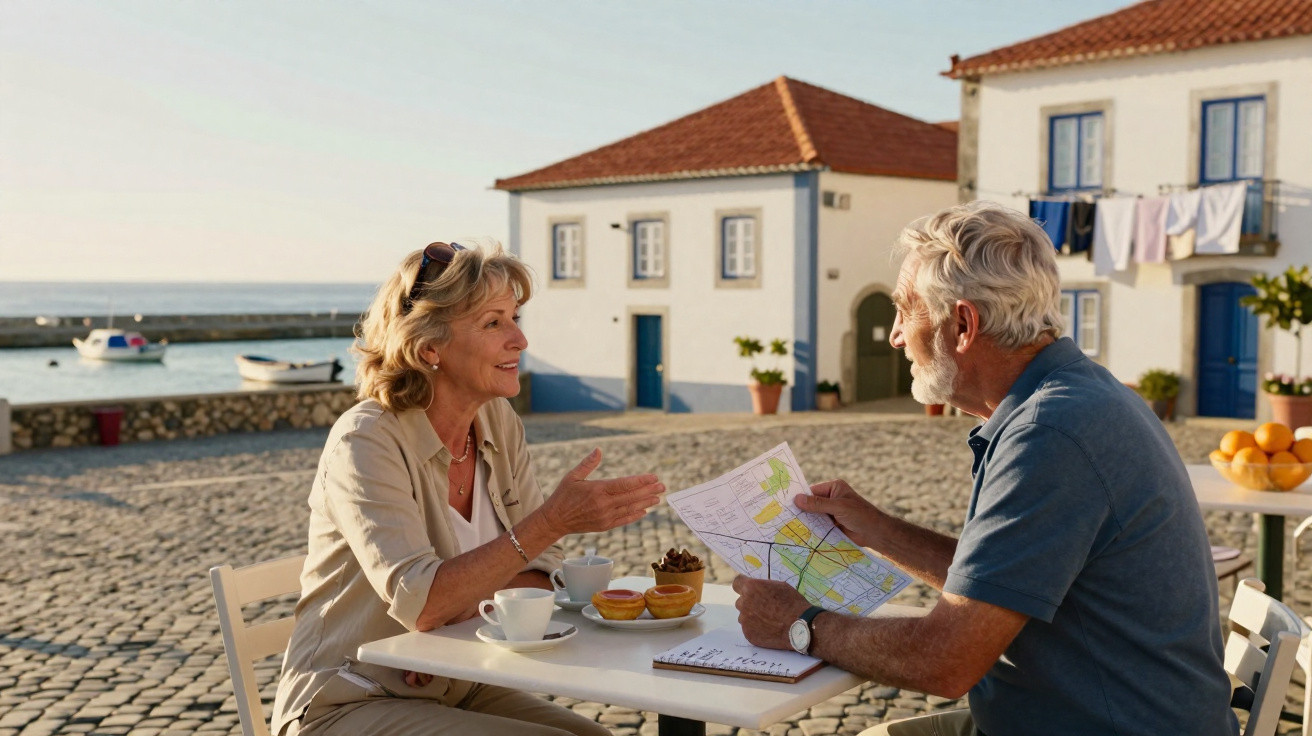 Casal de idosos sentado em mesa na calçada, conversando e olhando um mapa em cidade litorânea.