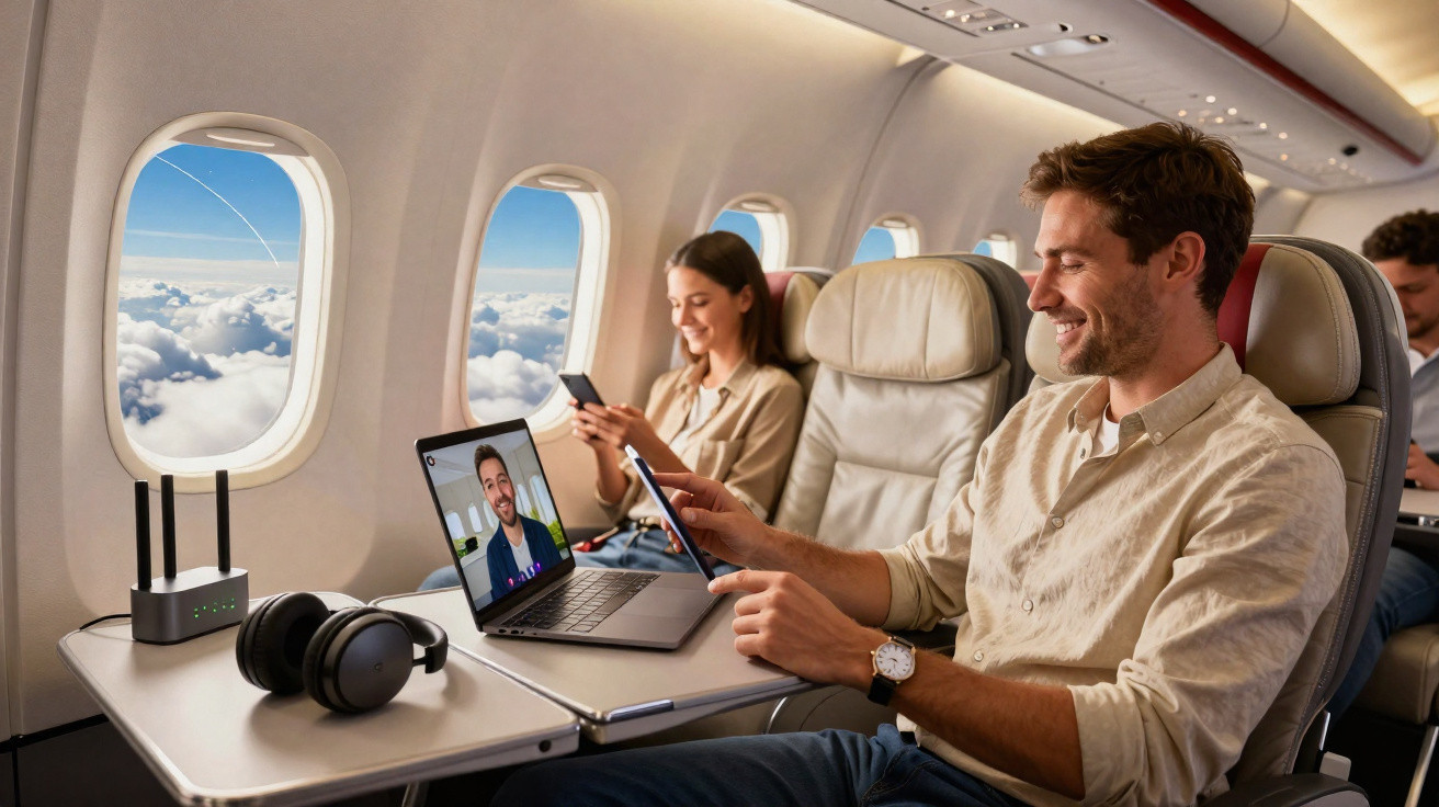Pessoas sorrindo usando laptop e celular durante videoconferência em assentos confortáveis de avião com vista para o céu.
