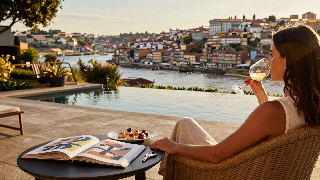 Mulher relaxa com vinho ao lado de piscina, vista de cidade histórica e rio ao fundo ao entardecer.
