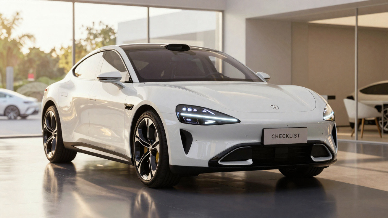 Carro esportivo elétrico branco estacionado em ambiente interno com piso refletivo e janelas grandes.