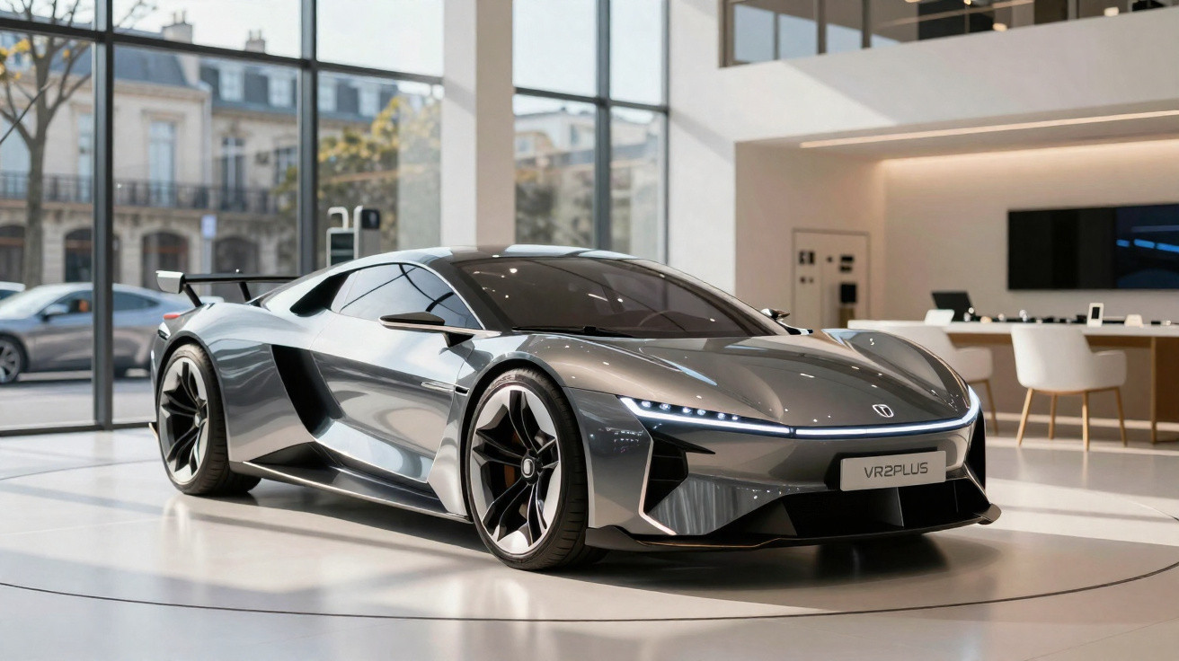 Carro esportivo cinza com design futurista exibido em sala de exposição moderna com grandes janelas.