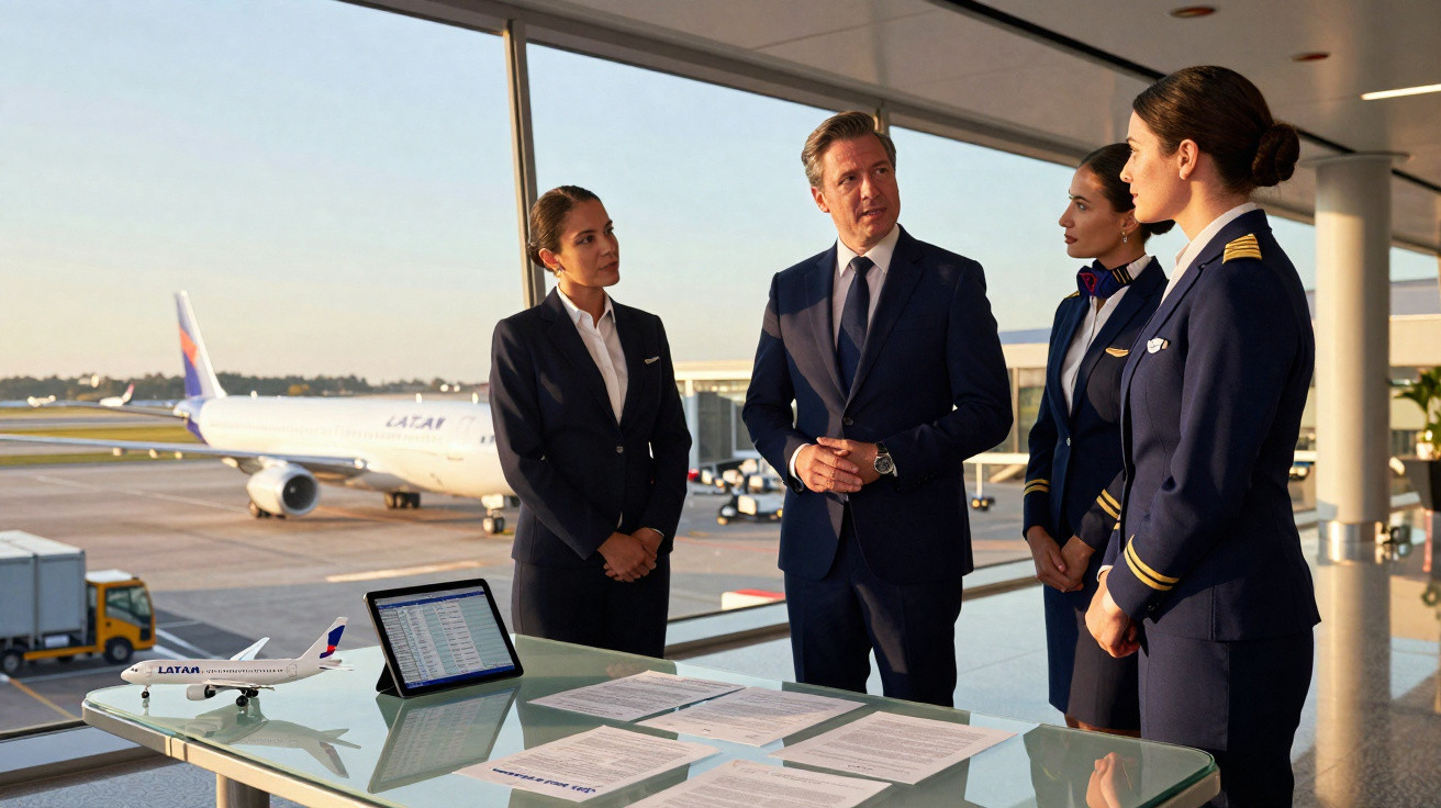 Quatro profissionais da aviação conversam em sala com vista para aeroporto e avião da LATAM ao fundo.