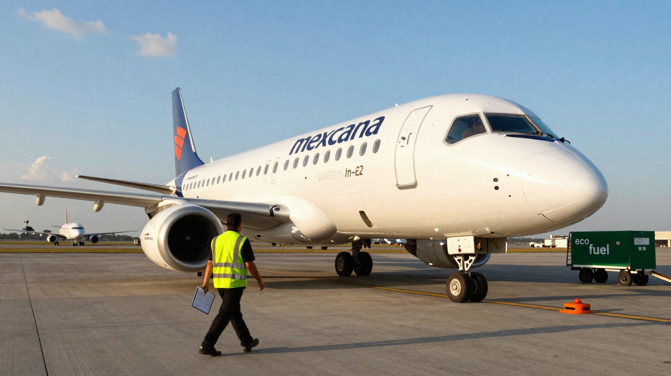 Avião branco da companhia Mexicana no portão do aeroporto com funcionário de colete amarelo andando próximo.